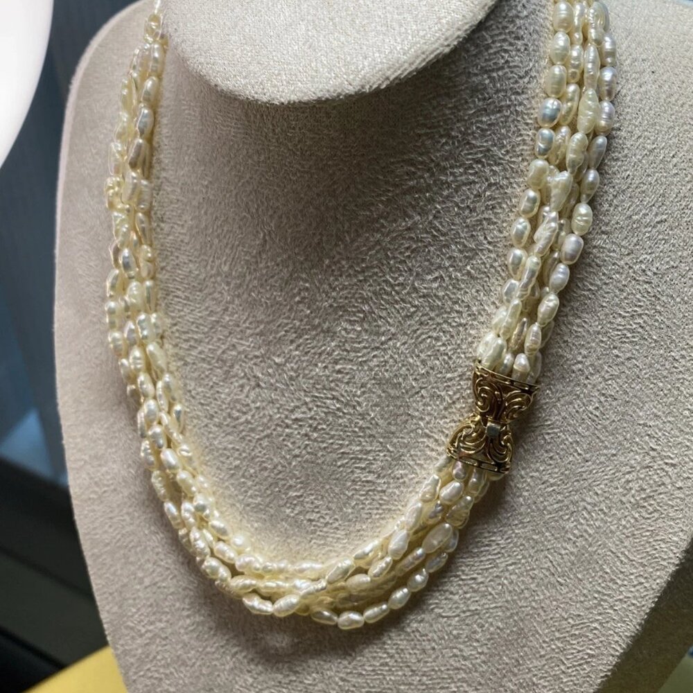 5 Strand Freshwater Pearl Necklace 10K Gold Clasp 34.7g Multi Strand 3.8mm